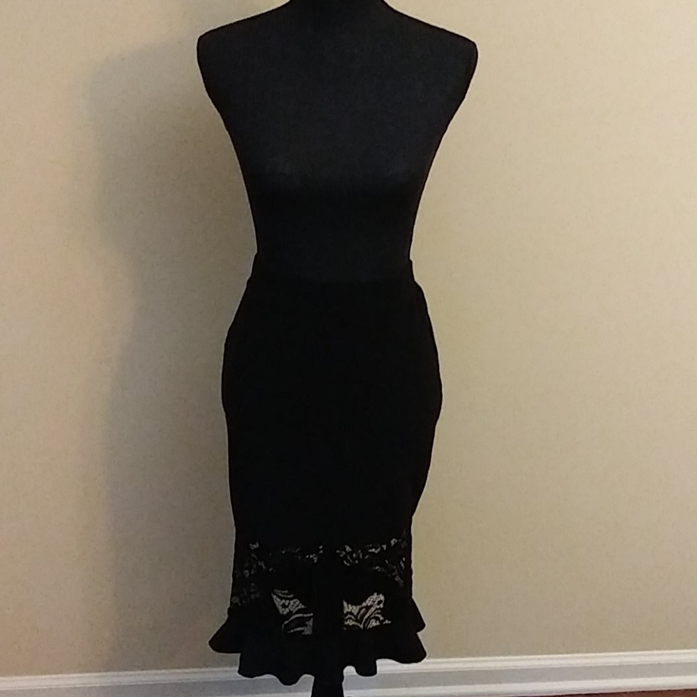 Black Pencil Skirt with Lace and Ruffle Bottom